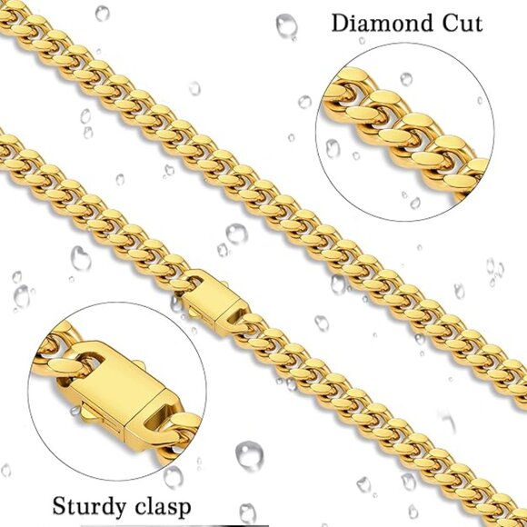 9mm Stainless Steel Cuban Link Chain Necklace 14K Gold Plated Chain Necklace - Picture 3 of 4
